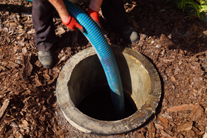 person with red gloves inserting a blue hose into a circular drainage system surrounded by mulch for effective cleanup